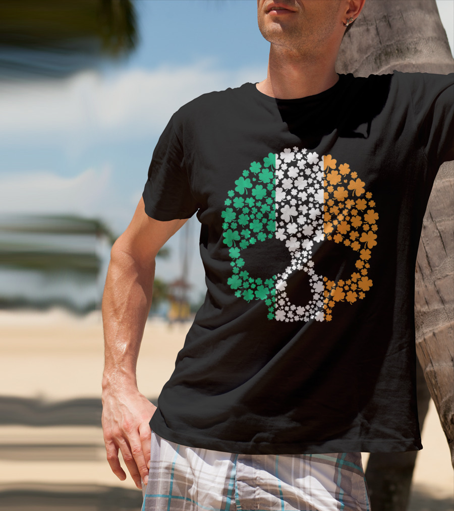 Irish Shamrock Skull With Tricolor Pattern For St. Patrick's Day T-Shirt