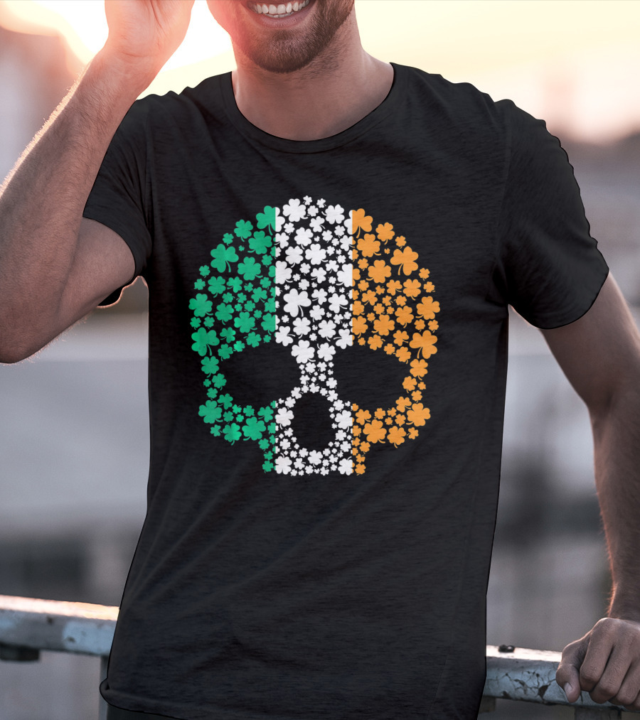 Irish Shamrock Skull With Tricolor Pattern For St. Patrick's Day T-Shirt