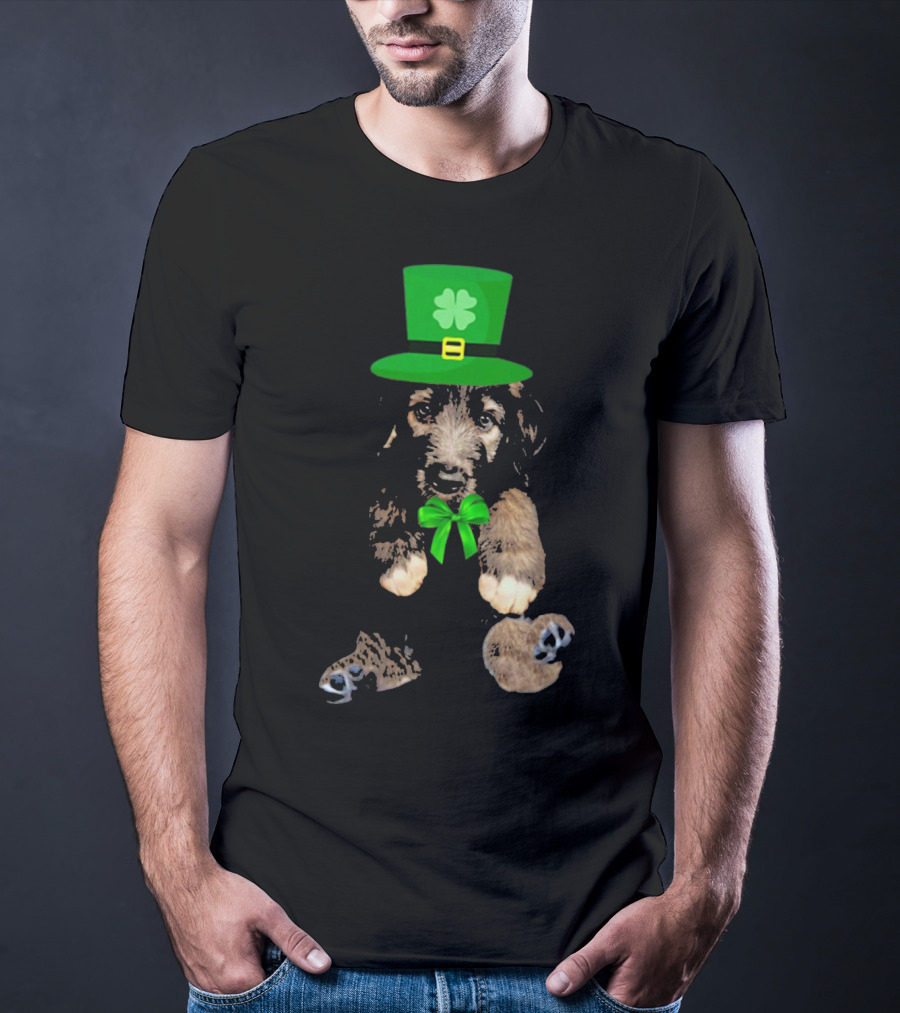 Irish Wolfhound Puppy With Leprechaun Hat And Shamrock Bow For St. Patrick's Day T-Shirt