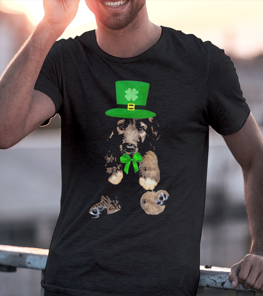 Irish Wolfhound Puppy With Leprechaun Hat And Shamrock Bow For St. Patrick's Day T-Shirt