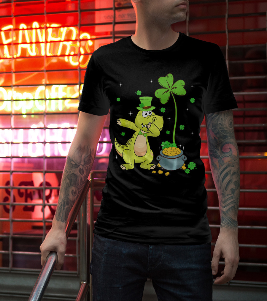 Shamrock Dabbing Dinosaur Leprechaun Gold Pot St Patricks T-Shirt