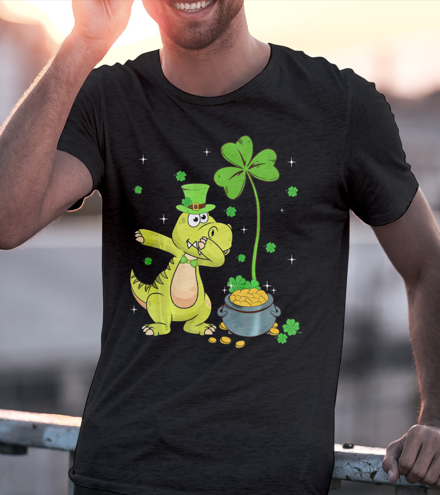 Shamrock Dabbing Dinosaur Leprechaun Gold Pot St Patricks T-Shirt