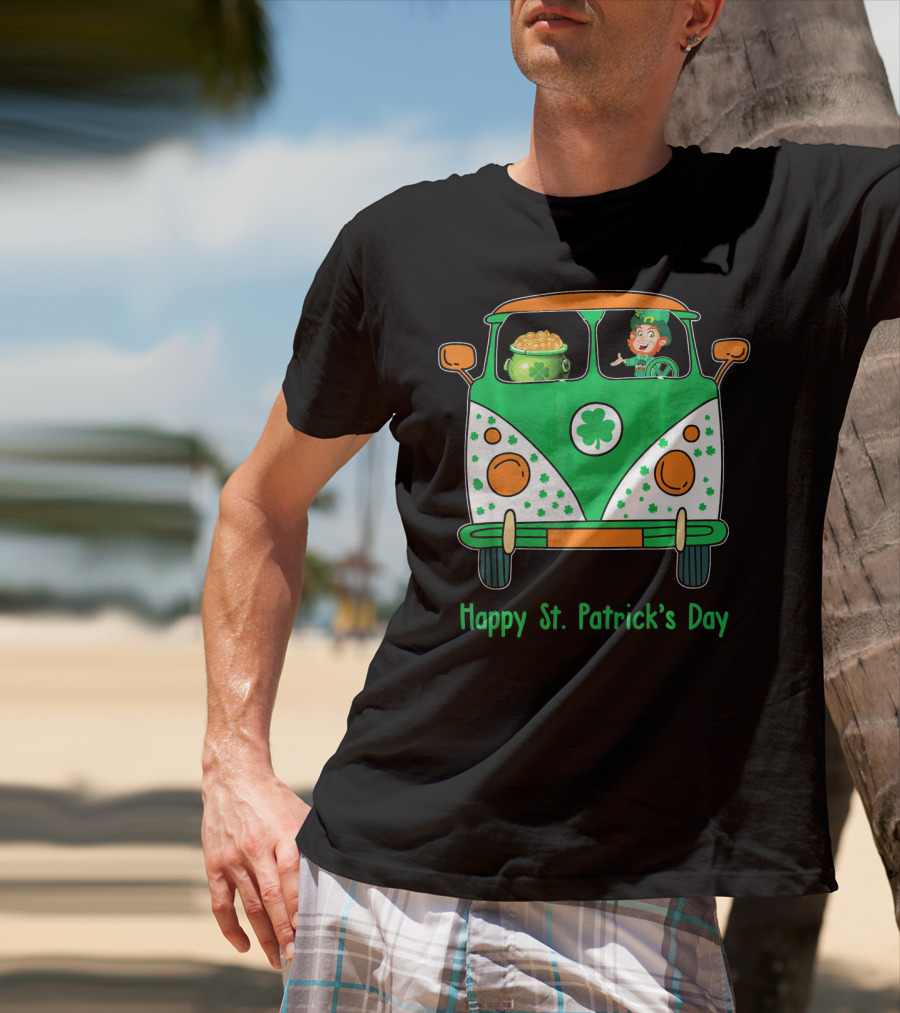 Happy St. Patrick's Day Leprechaun Gold Pot Hippie Car T-Shirt