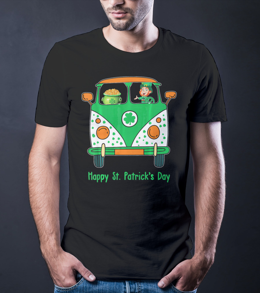 Happy St. Patrick's Day Leprechaun Gold Pot Hippie Car T-Shirt