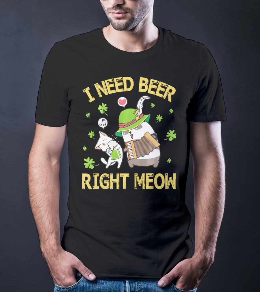 I Need Beer Right Meow Cat And Leprechaun Drinking And Dancing T-Shirt