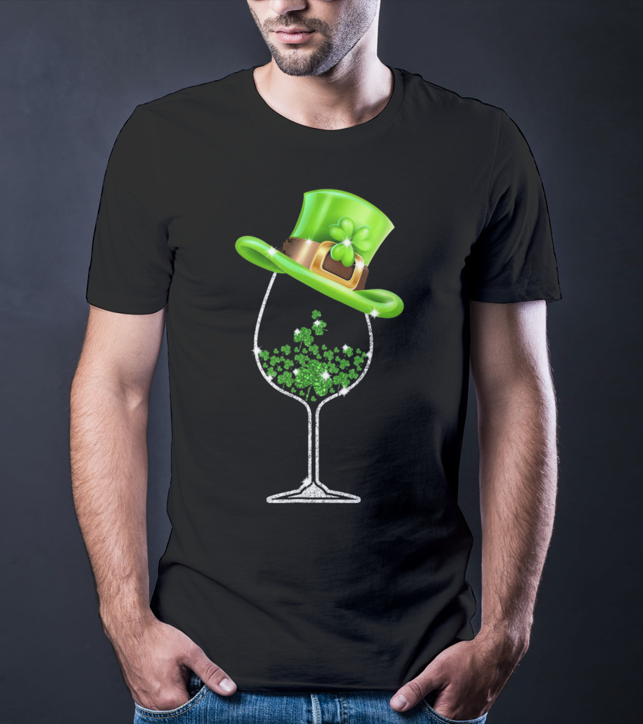 St Patricks Day Shamrock Wine Glass With Leprechaun Hat T-Shirt