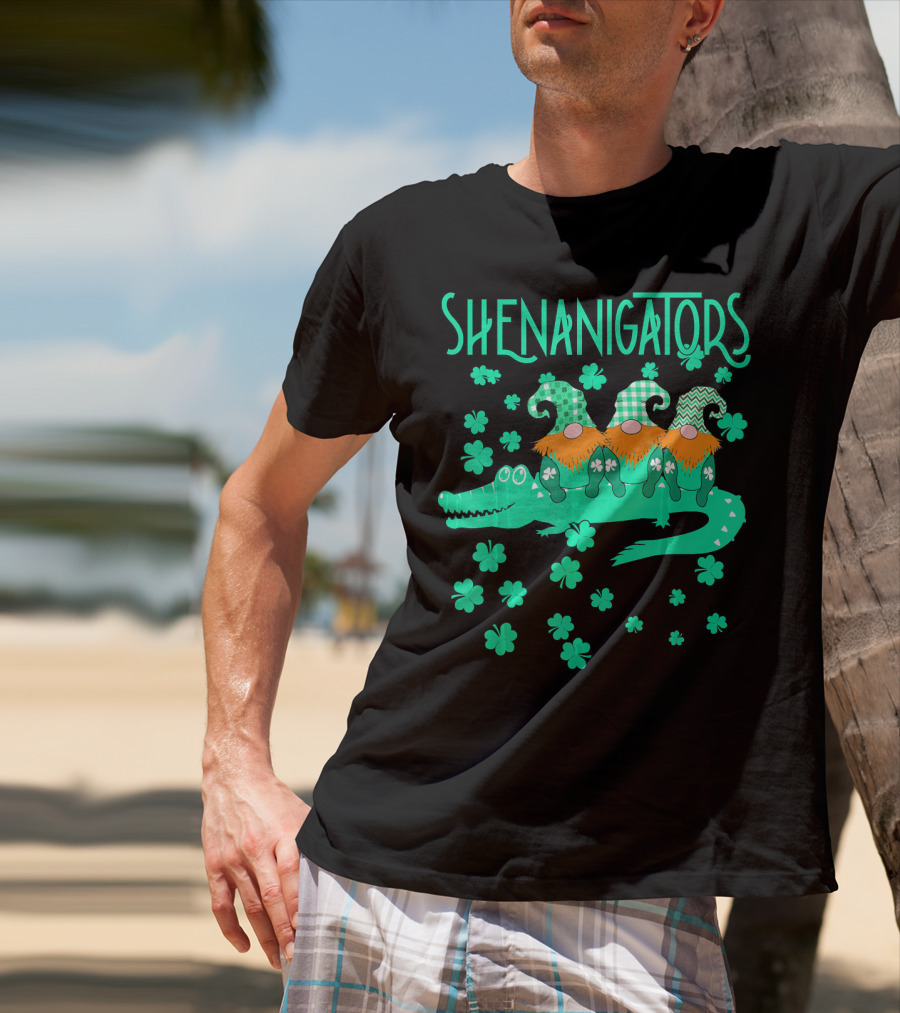 Shenanigators Funny Cute Alligator With Gnomes And Shamrocks T-Shirt