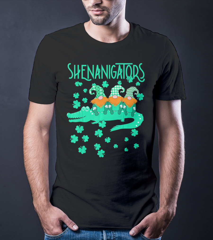 Shenanigators Funny Cute Alligator With Gnomes And Shamrocks T-Shirt