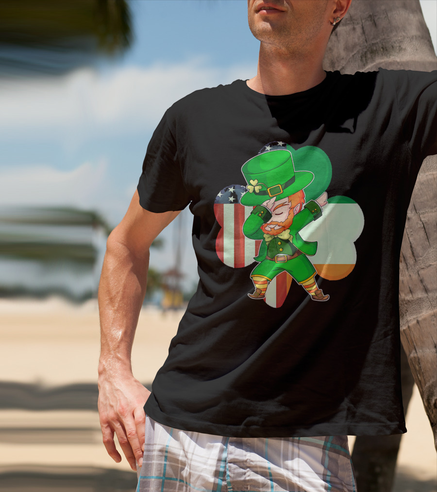 Funny Dabbing Leprechaun Shamrock American Irish Flag T-Shirt