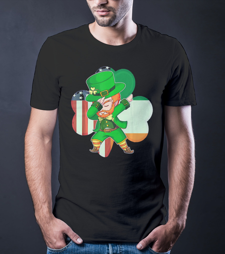 Funny Dabbing Leprechaun Shamrock American Irish Flag T-Shirt