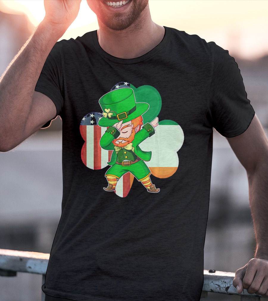 Funny Dabbing Leprechaun Shamrock American Irish Flag T-Shirt