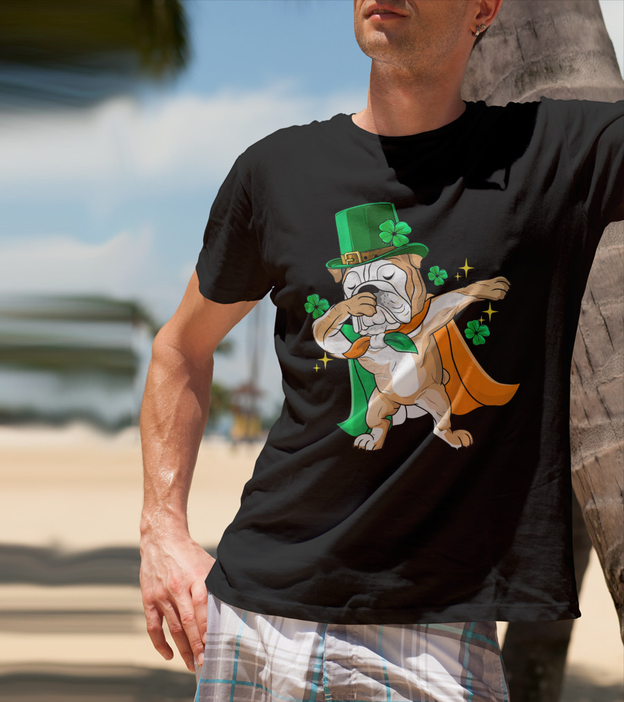 Irish Bulldog Dabbing Leprechaun With Shamrocks T-Shirt