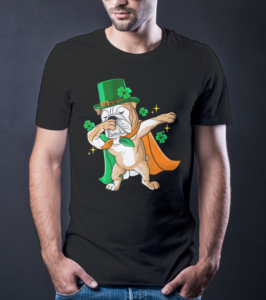 Irish Bulldog Dabbing Leprechaun With Shamrocks T-Shirt