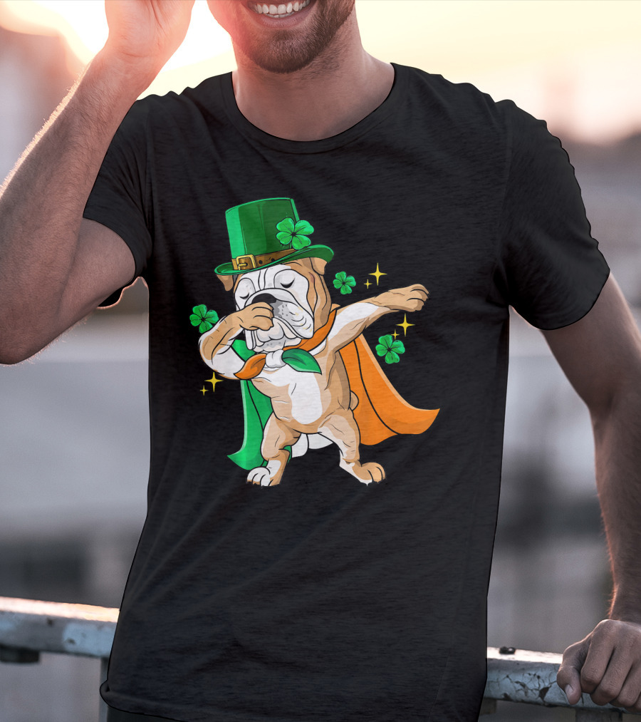 Irish Bulldog Dabbing Leprechaun With Shamrocks T-Shirt