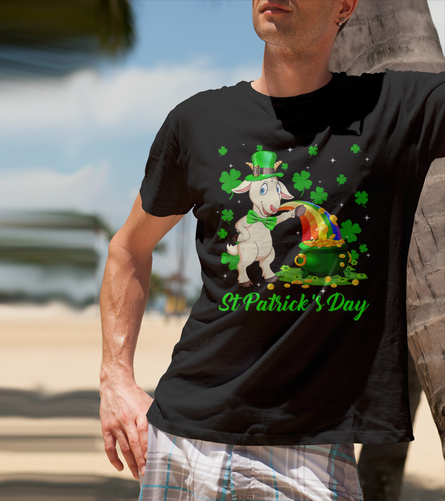 St Patrick's Day Leprechaun Goat Shamrock Rainbow Pot Of Gold T-Shirt