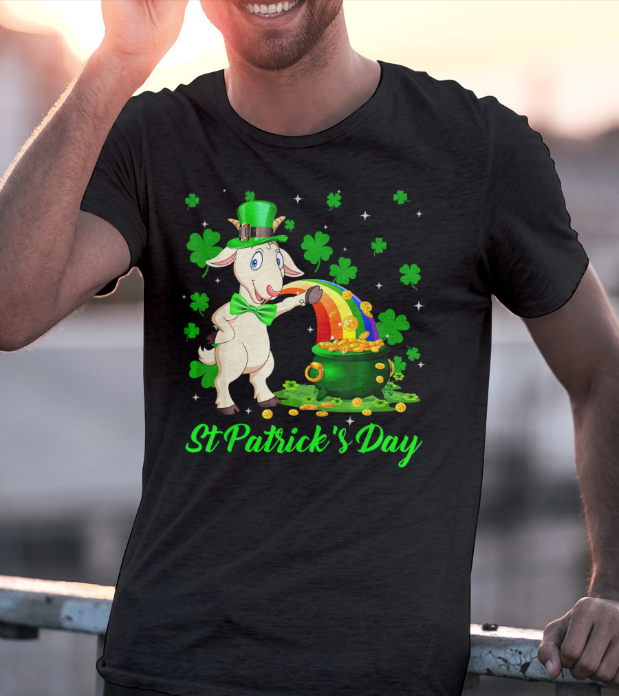 St Patrick's Day Leprechaun Goat Shamrock Rainbow Pot Of Gold T-Shirt