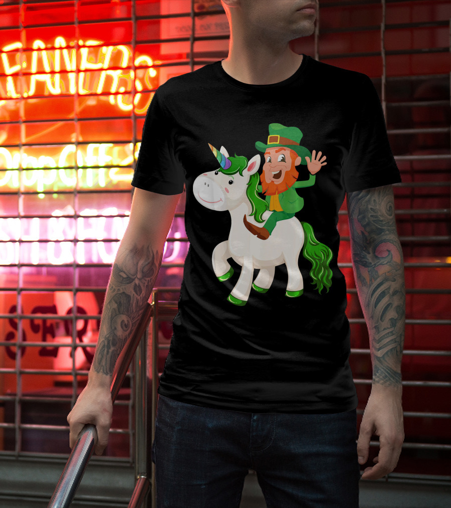 Unicorn Leprechaun Celebration Characters Green Hat And Red Beard Riding Playful Creature T-Shirt