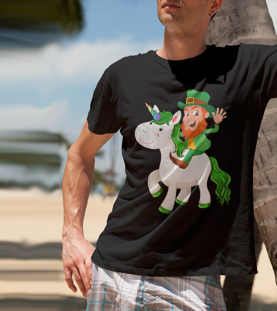 Unicorn Leprechaun Celebration Characters Green Hat And Red Beard Riding Playful Creature T-Shirt