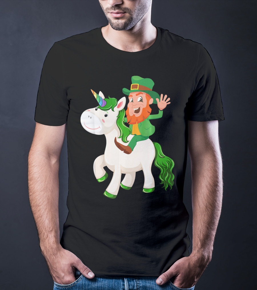Unicorn Leprechaun Celebration Characters Green Hat And Red Beard Riding Playful Creature T-Shirt