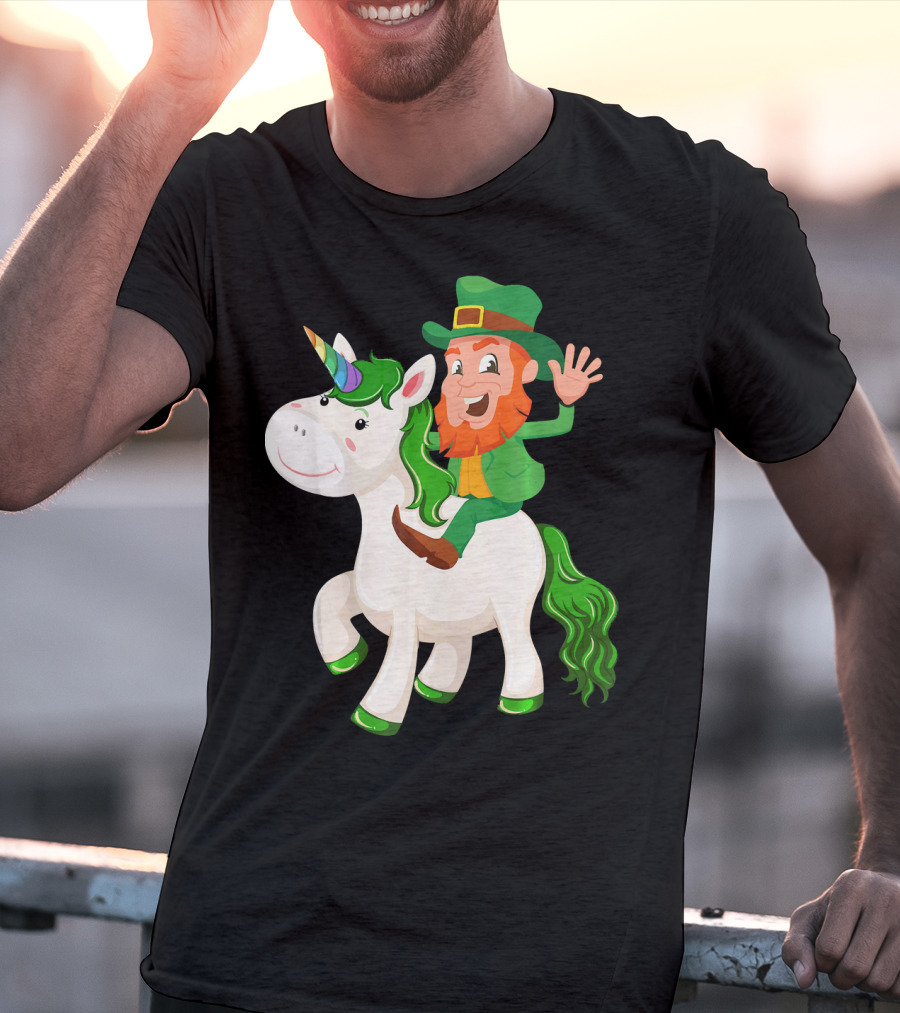 Unicorn Leprechaun Celebration Characters Green Hat And Red Beard Riding Playful Creature T-Shirt