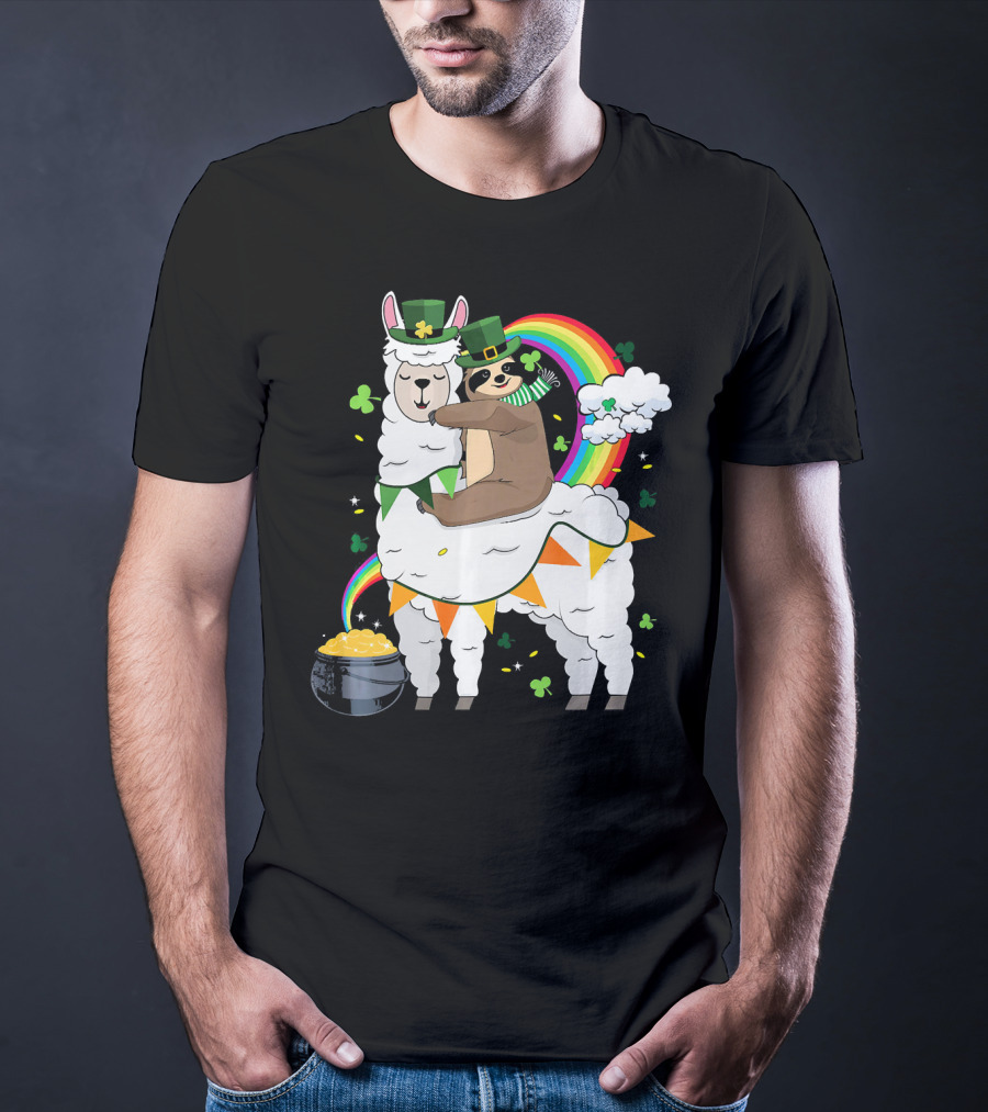St. Patrick's Day Sloth Leprechaun With Rainbow And Gold On Llama T-Shirt