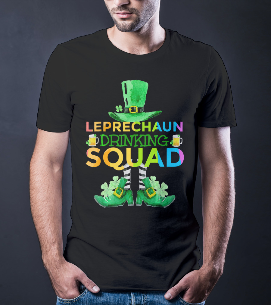 Leprechaun Drinking Squad Beer Rainbow Hat Clover Stripes T-Shirt