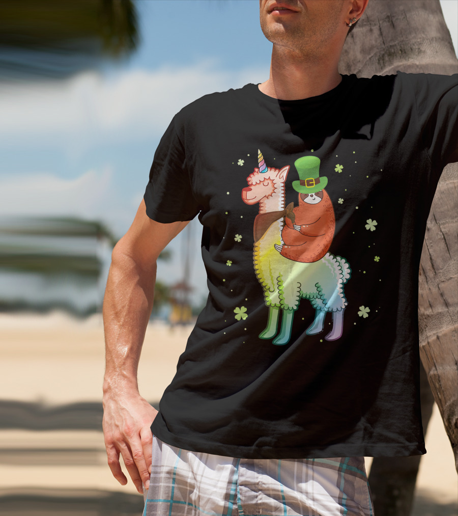 Cute Sloth Leprechaun Riding Rainbow Unicorn Llama With Shamrocks T-Shirt