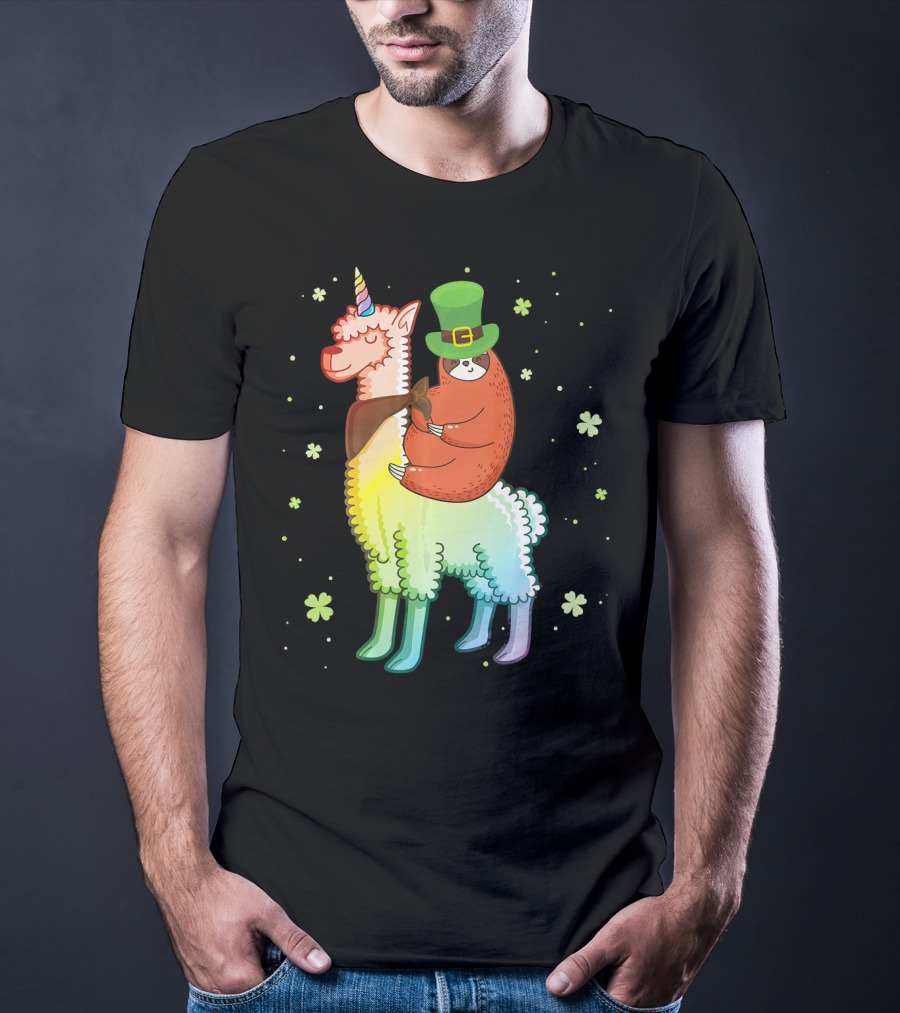 Cute Sloth Leprechaun Riding Rainbow Unicorn Llama With Shamrocks T-Shirt