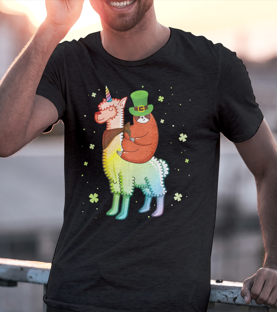 Cute Sloth Leprechaun Riding Rainbow Unicorn Llama With Shamrocks T-Shirt