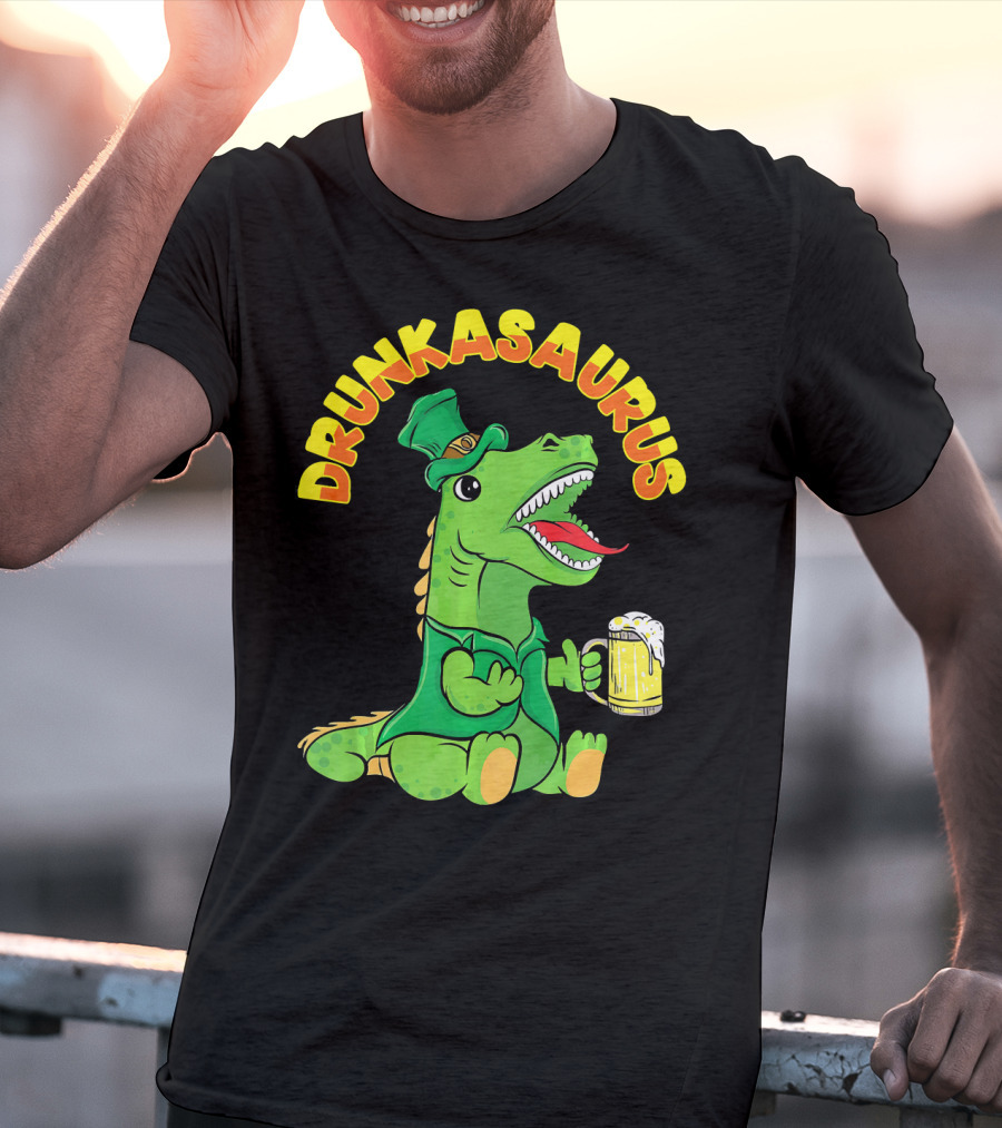 Drunkasaurus Leprechaun Dinosaur With Beer Drink T-Shirt