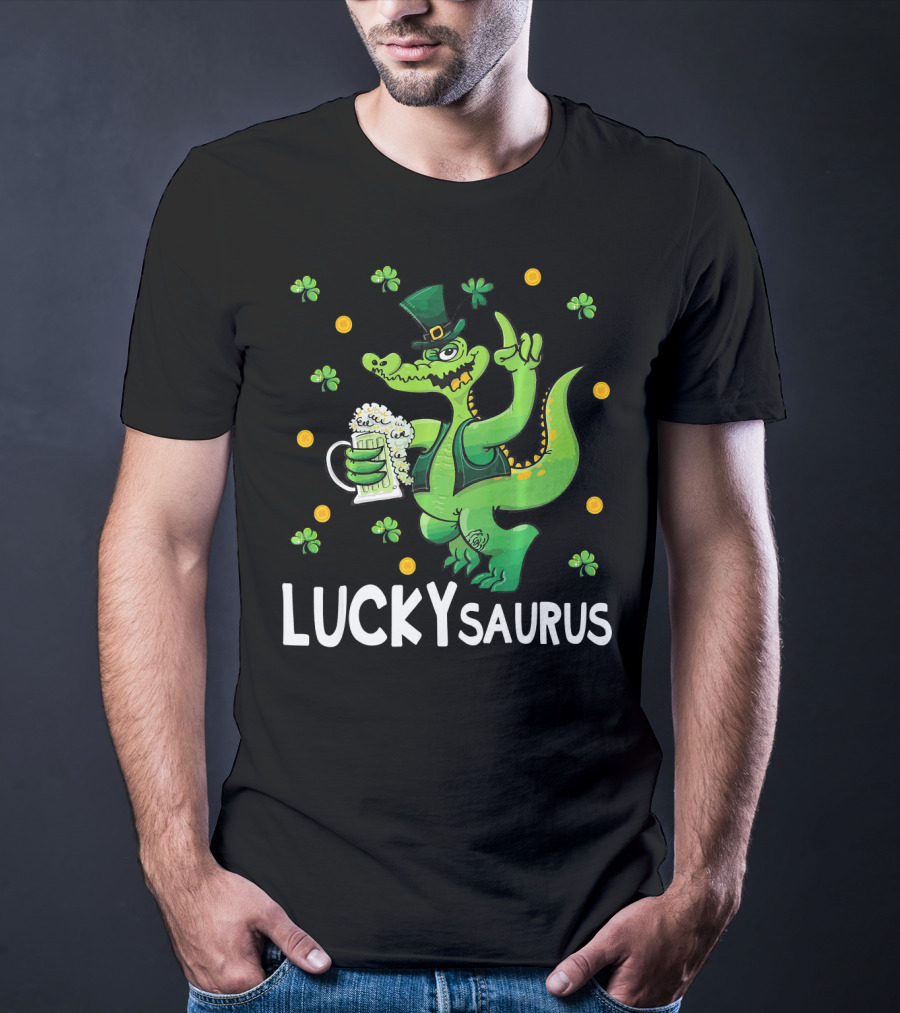 Luckysaurus Dinosaur Leprechaun Drinking Green Beer With Shamrocks And Coins T-Shirt