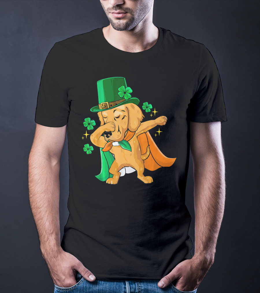 Golden Retriever Dabbing In Leprechaun Hat With Shamrock Cape T-Shirt