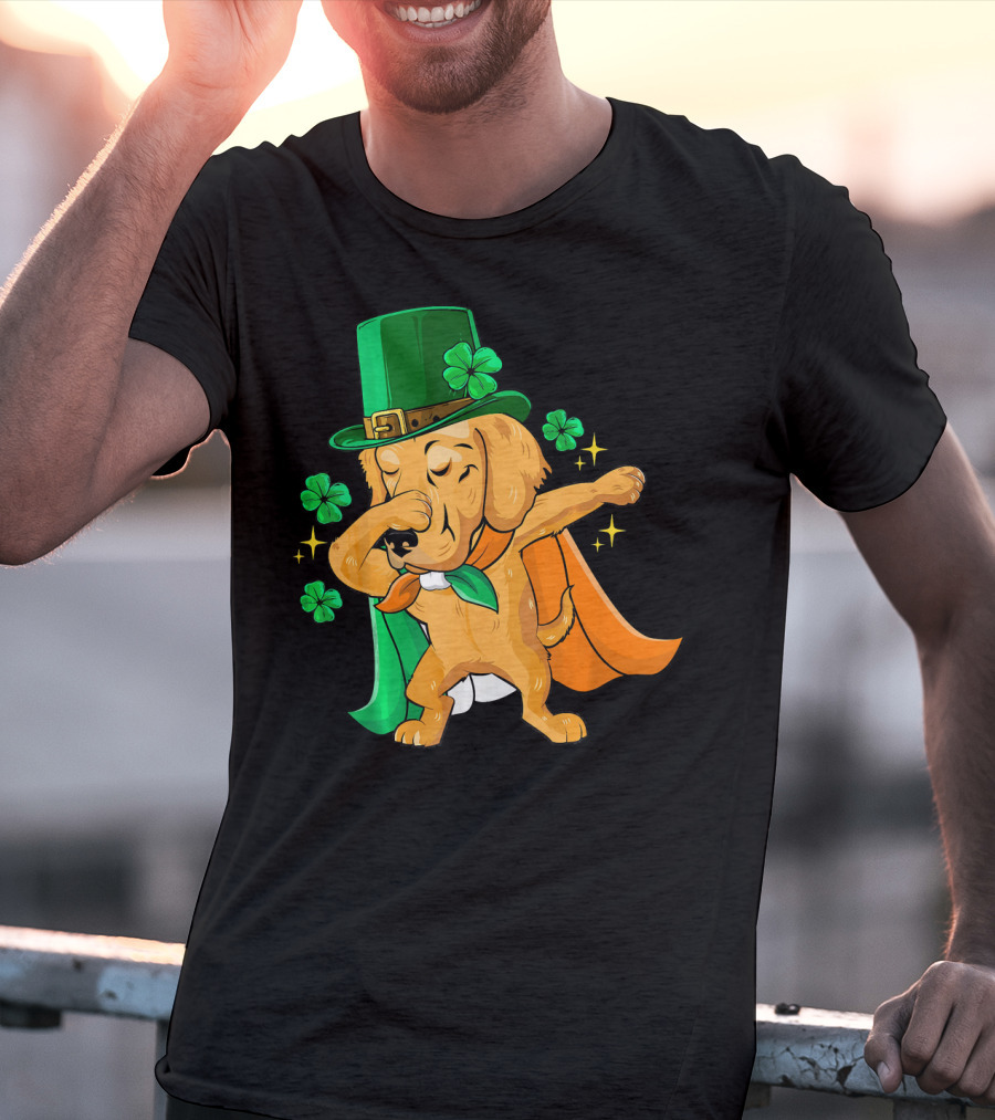 Golden Retriever Dabbing In Leprechaun Hat With Shamrock Cape T-Shirt
