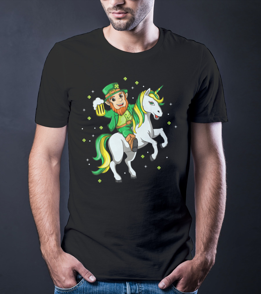 Lepricorn Irish Unicorn With Beer Mug And Shamrocks T-Shirt