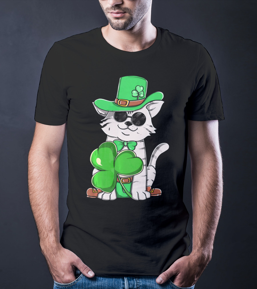 Leprechaun Cat Shamrock Irish St Pat Day Kitty T-Shirt