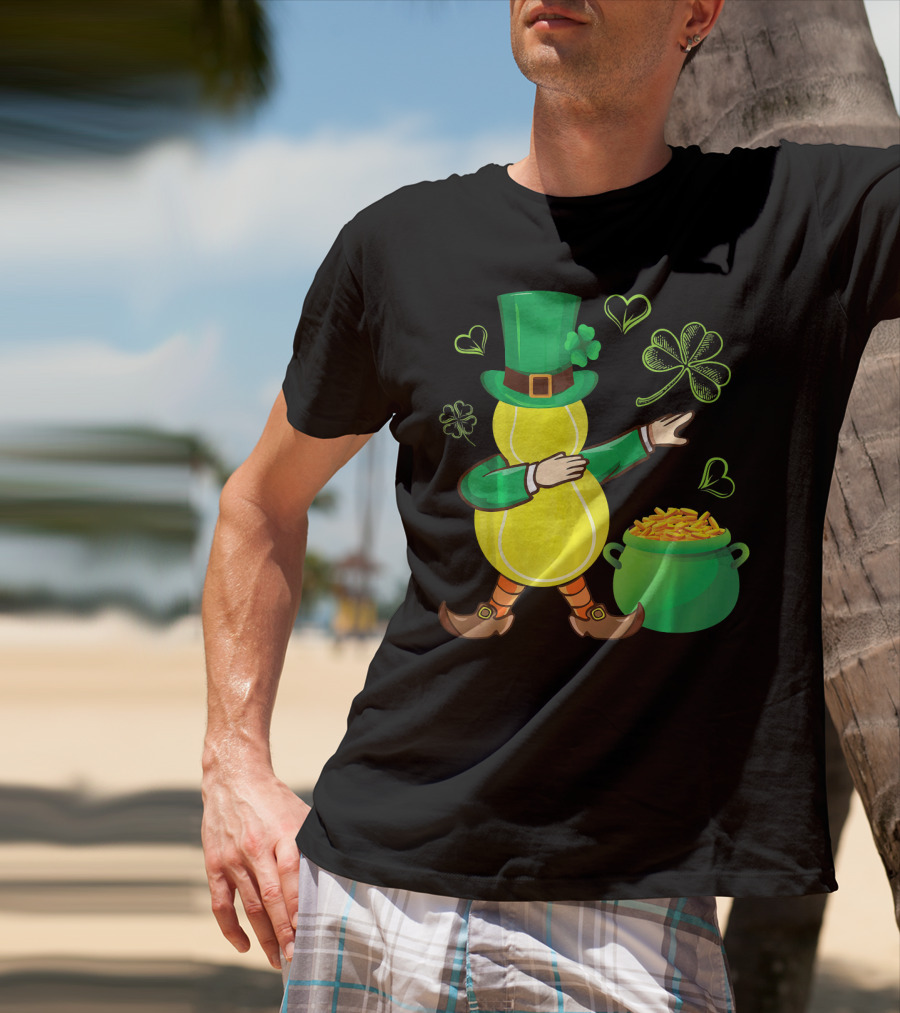 Tennis Leprechaun Dabbing With Gold Pot And Shamrocks T-Shirt