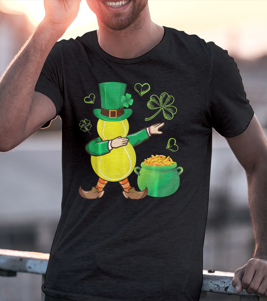 Tennis Leprechaun Dabbing With Gold Pot And Shamrocks T-Shirt