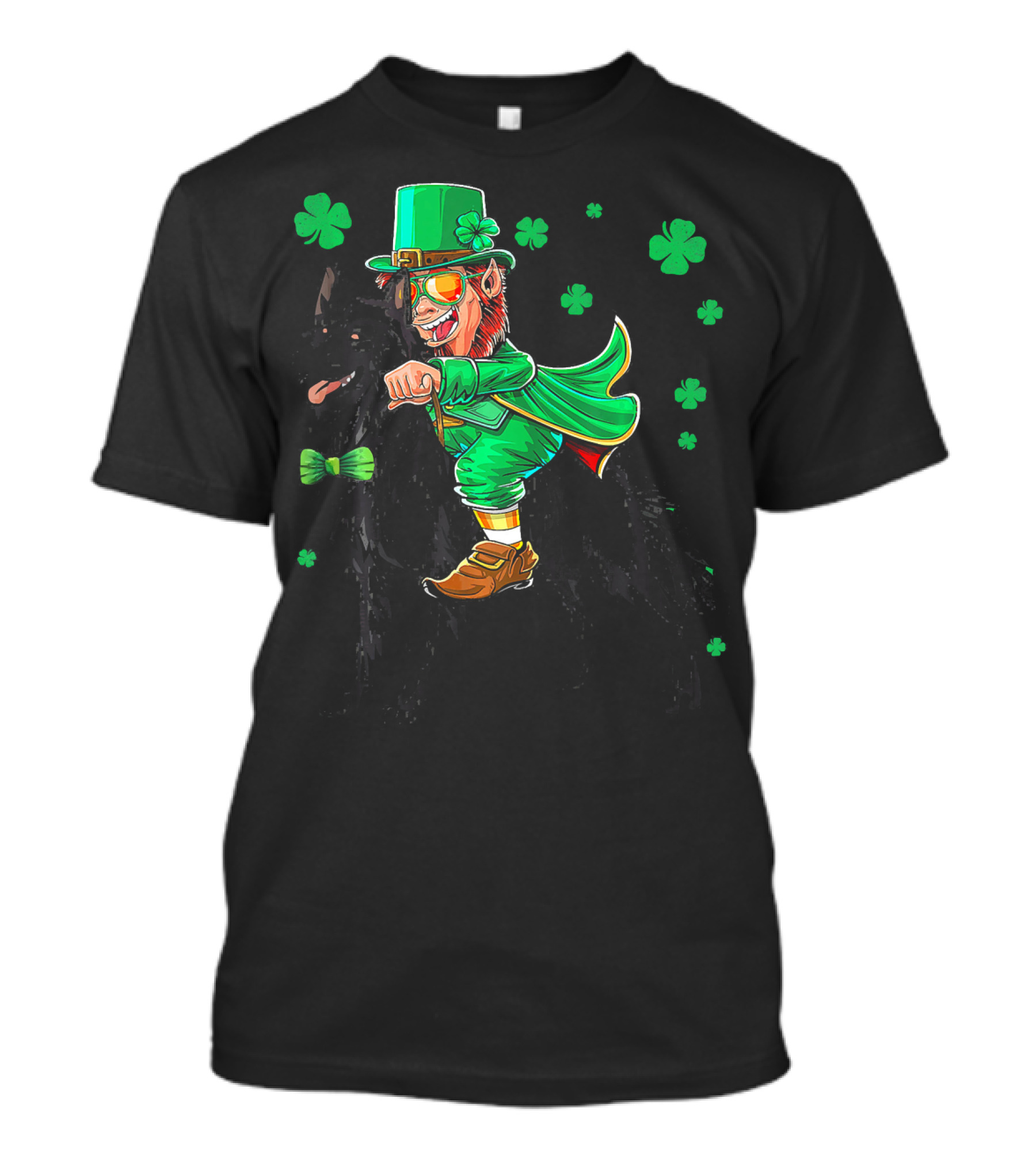Leprechaun Riding Belgian Sheepdog With Shamrocks T-Shirt