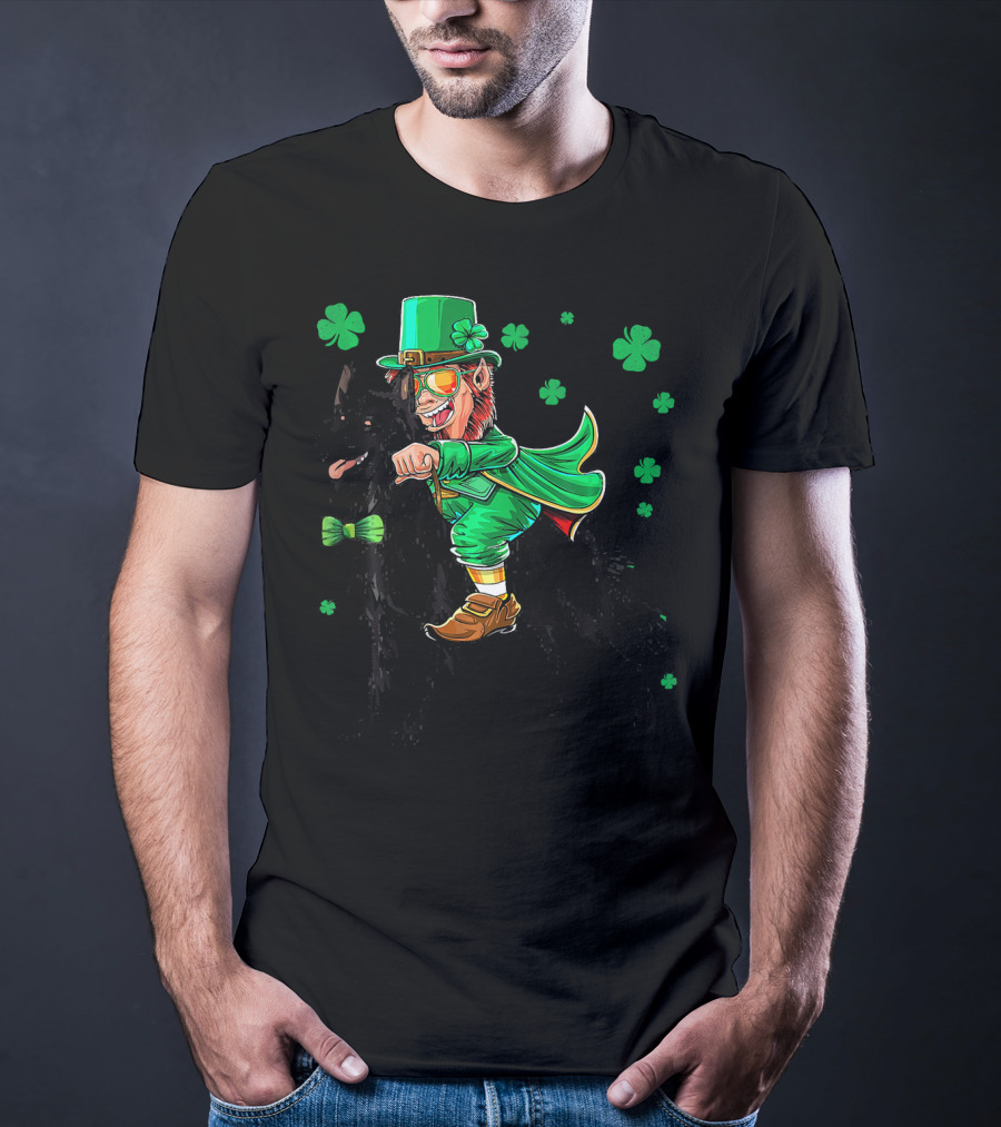 Leprechaun Riding Belgian Sheepdog With Shamrocks T-Shirt