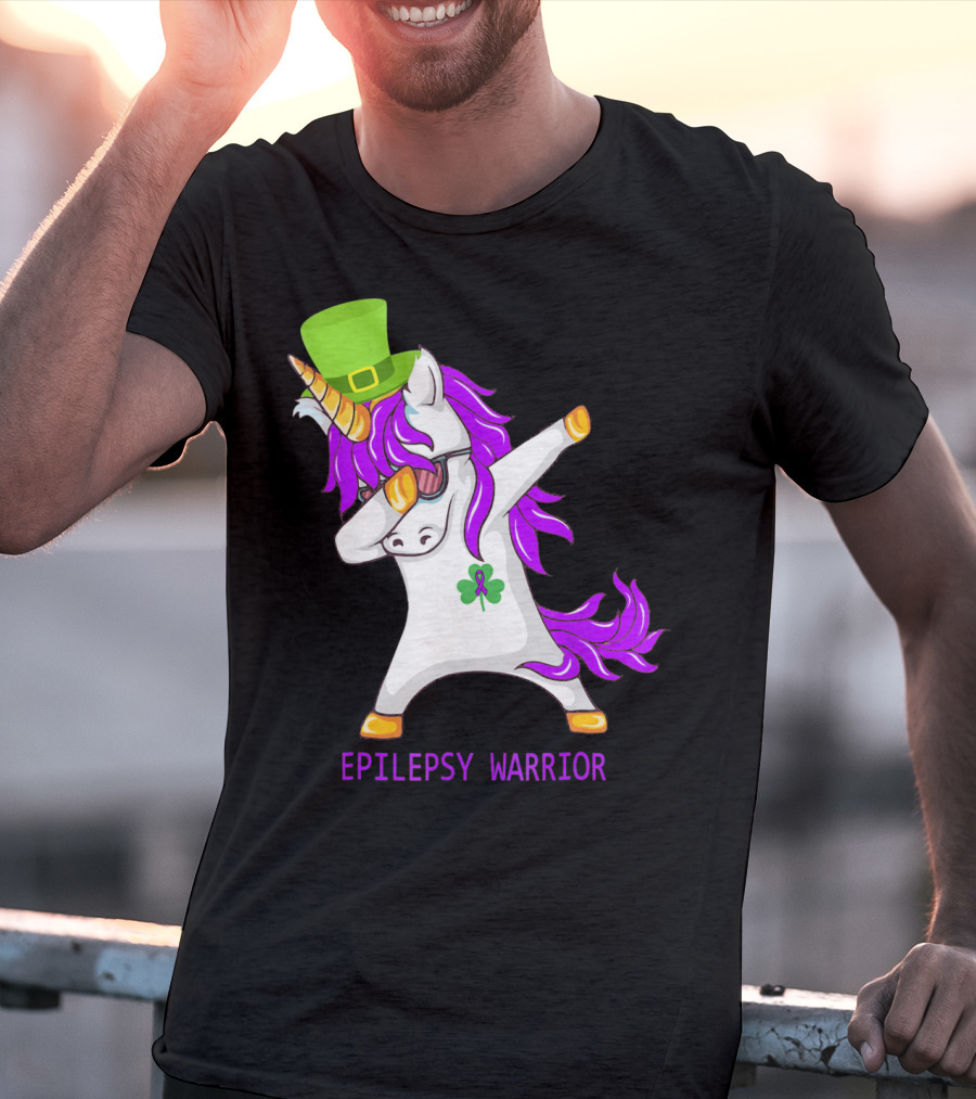 Unicorn Epilepsy Warrior Dabbing With Green Hat And Shamrock T-Shirt