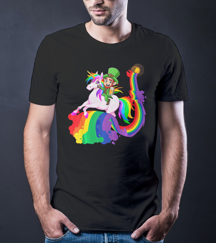 Patrick Leprechaun Riding Unicorn Rainbow With Beer And Pot Of Gold T-Shirt