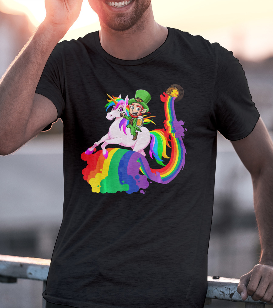 Patrick Leprechaun Riding Unicorn Rainbow With Beer And Pot Of Gold T-Shirt