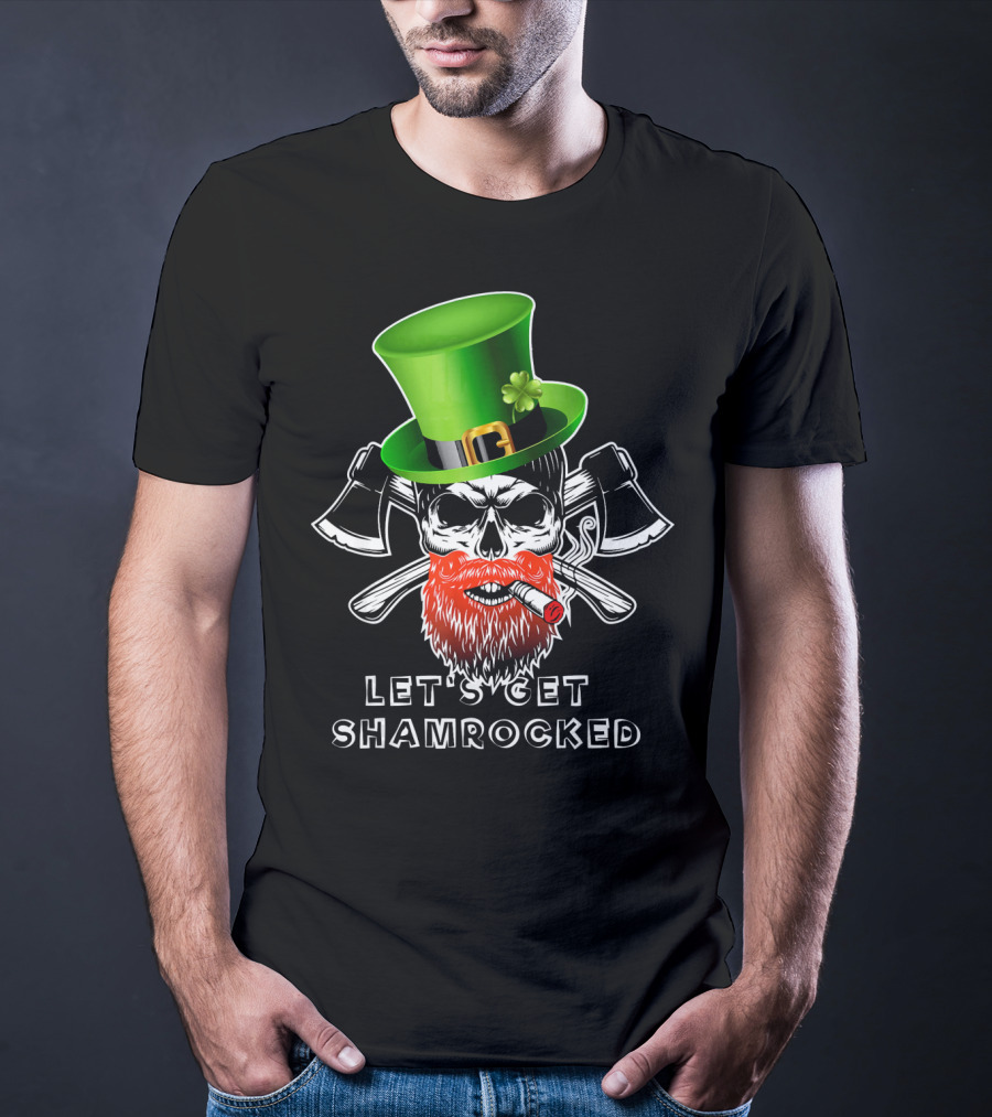 Let's Get Shamrocked St Patrick's Day Skull With Green Hat And Axes T-Shirt