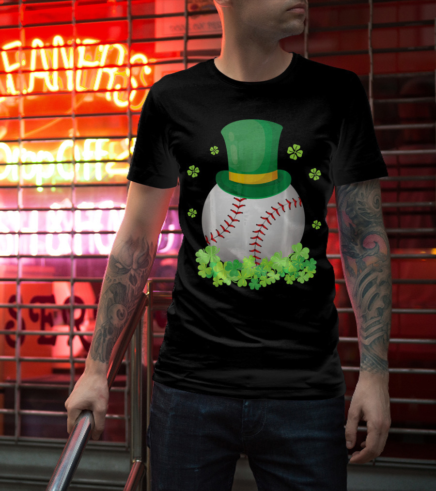 Baseball Leprechaun Hat With Shamrocks And Four-Leaf Clovers T-Shirt