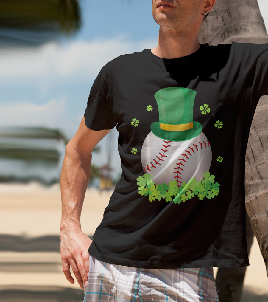 Baseball Leprechaun Hat With Shamrocks And Four-Leaf Clovers T-Shirt
