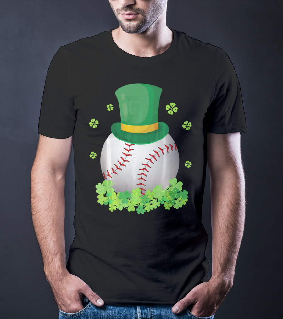Baseball Leprechaun Hat With Shamrocks And Four-Leaf Clovers T-Shirt