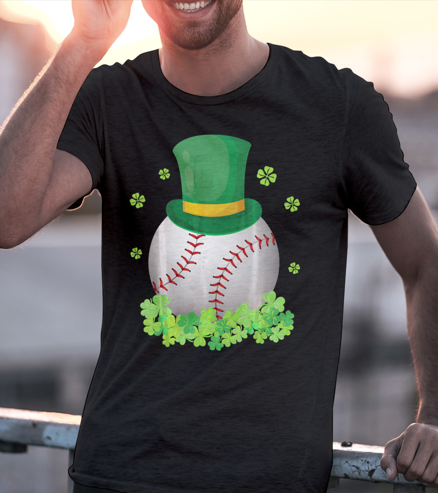 Baseball Leprechaun Hat With Shamrocks And Four-Leaf Clovers T-Shirt