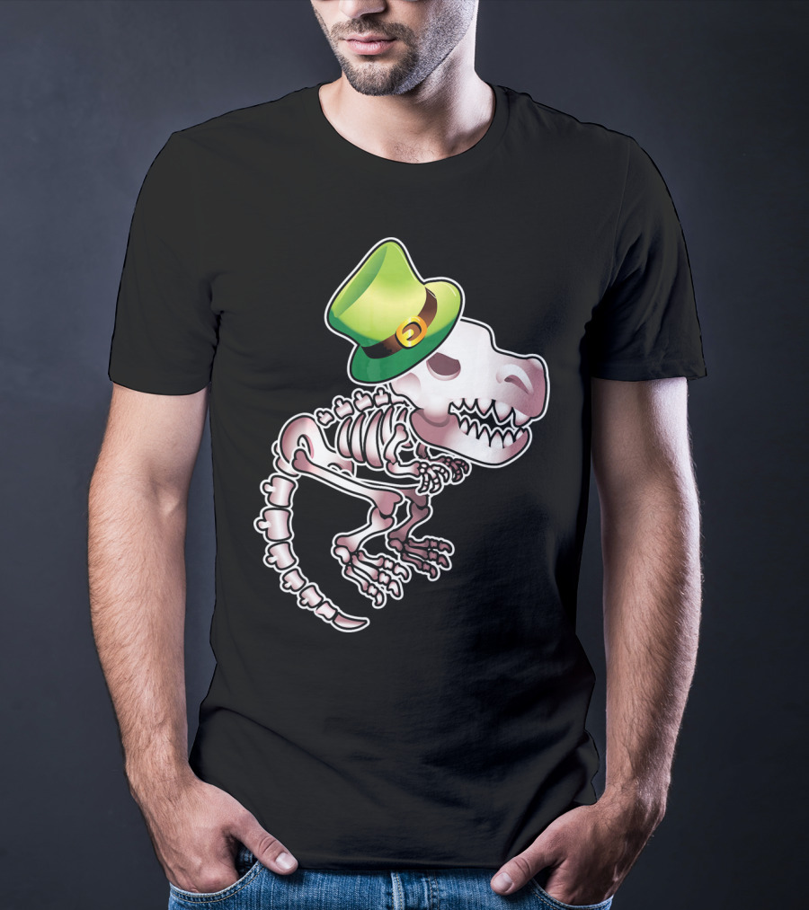 T Rex Dinosaur Skeleton With Green Leprechaun Hat T-Shirt
