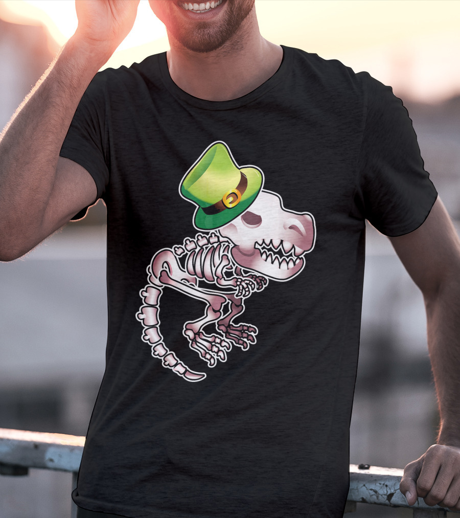 T Rex Dinosaur Skeleton With Green Leprechaun Hat T-Shirt