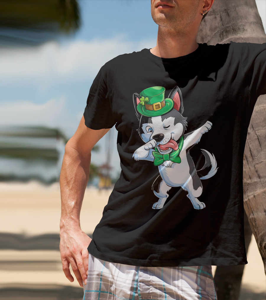 Dabbing Siberian Husky St. Patrick’s Day Green Hat Bow Tie T-Shirt